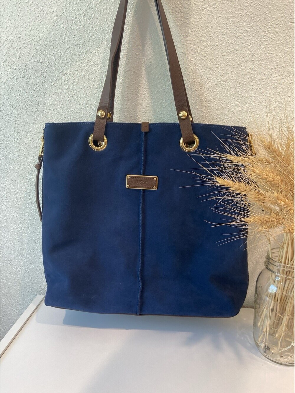 Womens Ugg Suede Tote Bag leather Blue gold brown excellent Condition Purse